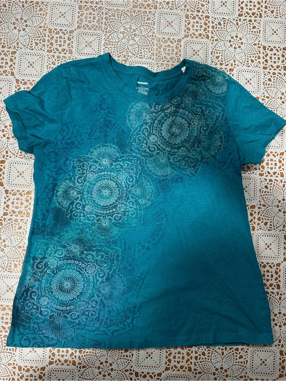 Teal Mandala Graphic T Shirt Large Boho Short Sleeve Cotton Blend